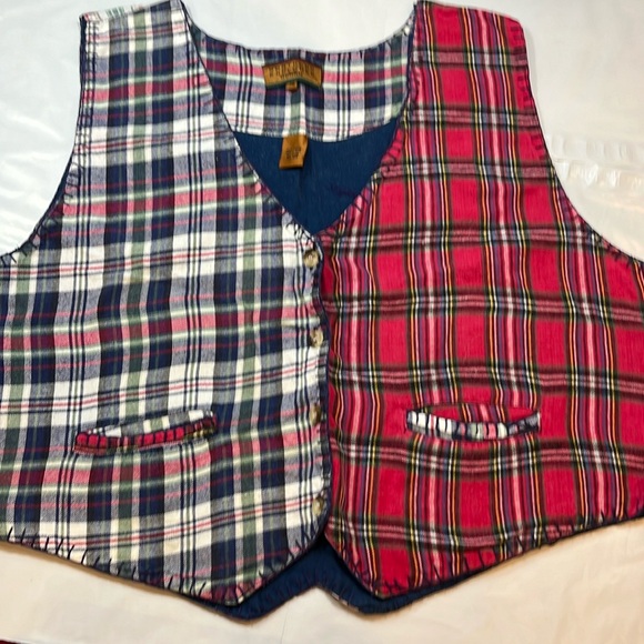 Patchwork plaid flannel BUTTON VEST V neck red blue green white FUN MOM clown 2X - Picture 1 of 12